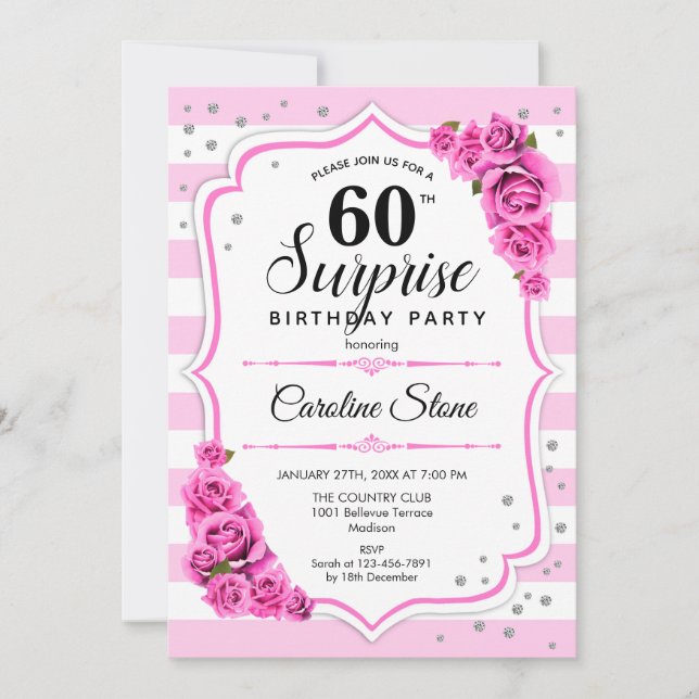 Surprise 60th Birthday - Pink White Invitation (Front)