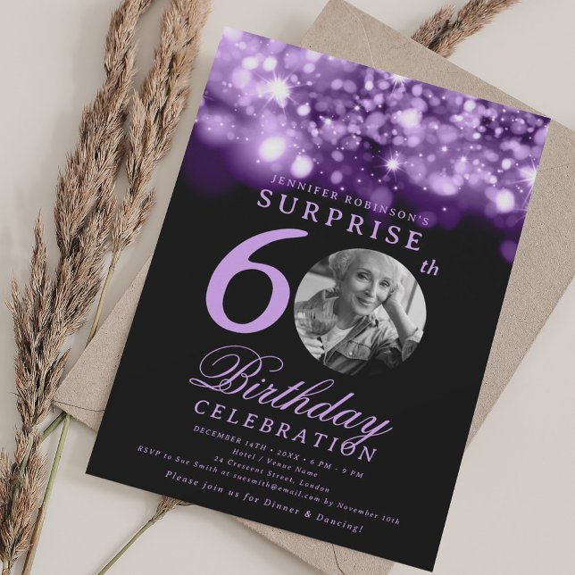 SURPRISE 60th Birthday Purple Midnight Glam  Invitation (SURPRISE 60th Birthday Purple Midnight Glam Invitation)