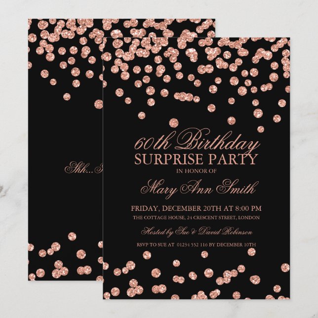 Surprise 60th Birthday Rose Gold Glitter Confetti Invitation (Front/Back)