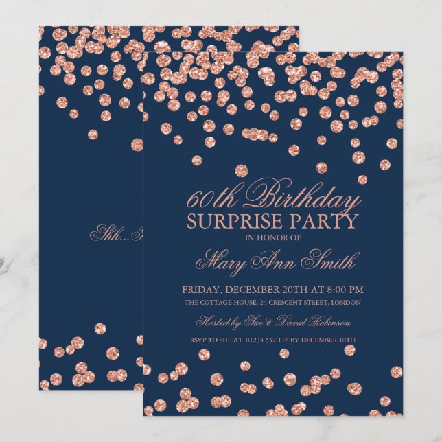 Surprise 60th Birthday Rose Gold Glitter Navy Blue Invitation (Front/Back)