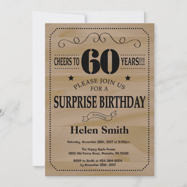 Surprise 60th Birthday Rustic Wood Invitation (Front)