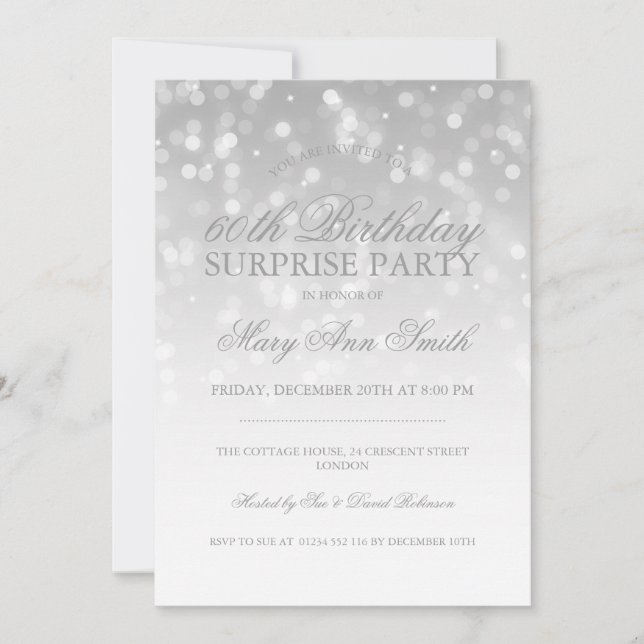 Surprise 60th Birthday Silver Bokeh Sparkle Lights Invitation (Front)