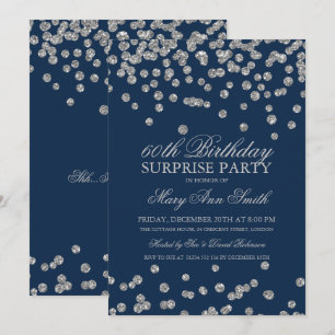 Surprise 60th Birthday Silver Glitter Navy Blue Invitation