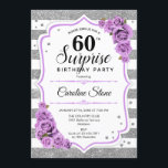 Surprise 60th Birthday - Silver White Purple Invitation<br><div class="desc">Surprise 60th Birthday Invitation.
Feminine white,  lavender lilac design with faux glitter silver. Features stripes,  pastel purple roses,  script font and confetti. Perfect for an elegant birthday party. Can be personalized to show any age. Message me if you need further customization.</div>