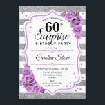 Surprise 60th Birthday - Silver White Purple Invitation<br><div class="desc">Surprise 60th Birthday Invitation.
Feminine white,  lavender lilac design with faux glitter silver. Features stripes,  pastel purple roses,  script font and confetti. Perfect for an elegant birthday party. Can be personalized to show any age. Message me if you need further customization.</div>
