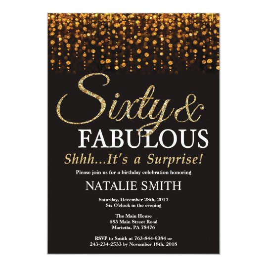 Surprise 60th Birthday Sixty and Fabulous Gold Invitation | Zazzle.ca