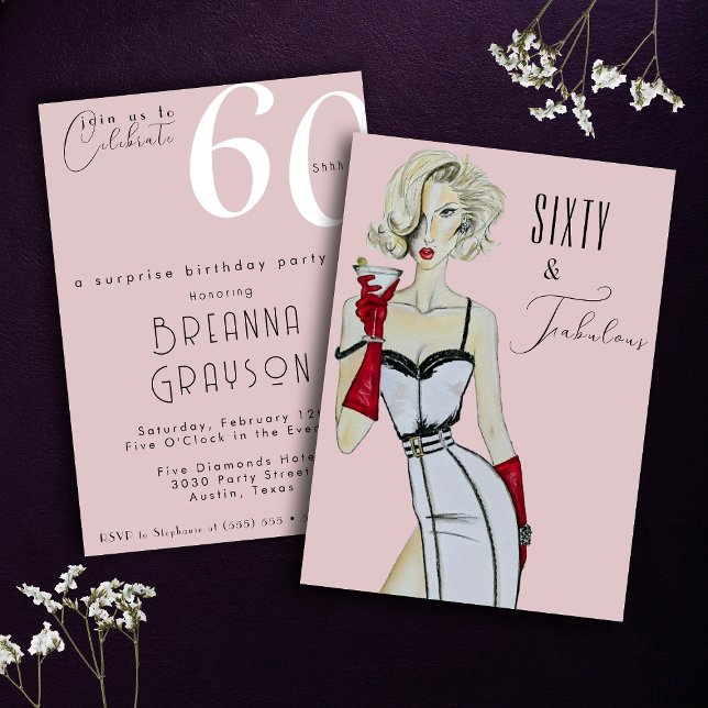 Surprise 60th Birthday Sixty and Fabulous Pin Up Invitation (Creator Uploaded)