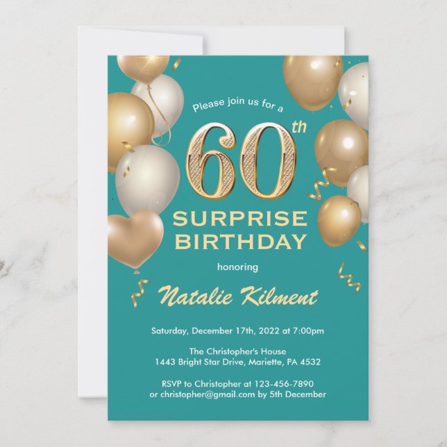 Surprise 60th Birthday Teal and Gold Balloons Invitation (Front)