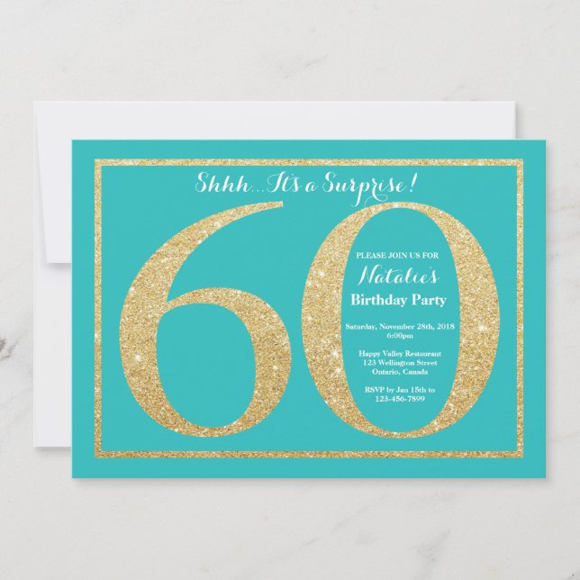 Surprise 60th Birthday Teal and Gold Glitter Invitation (Front)