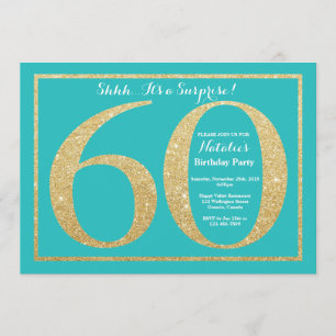 Surprise 60th Birthday Teal and Gold Glitter Invitation