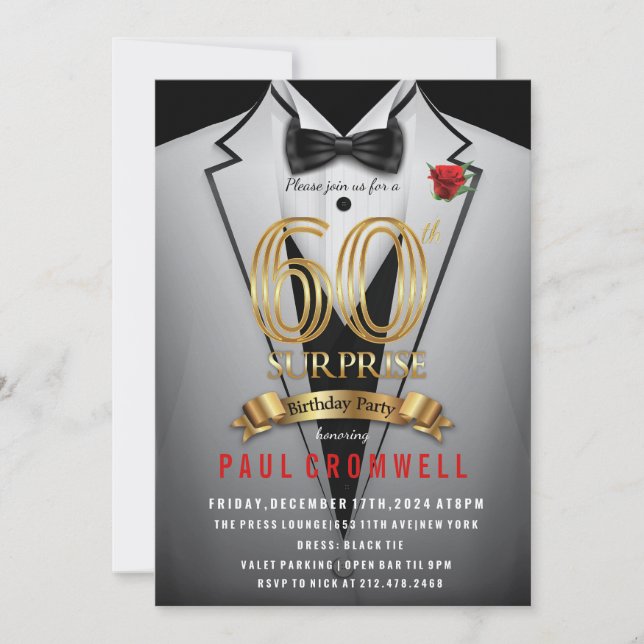 Surprise 60th Birthday Tuxedo Invitation (Front)