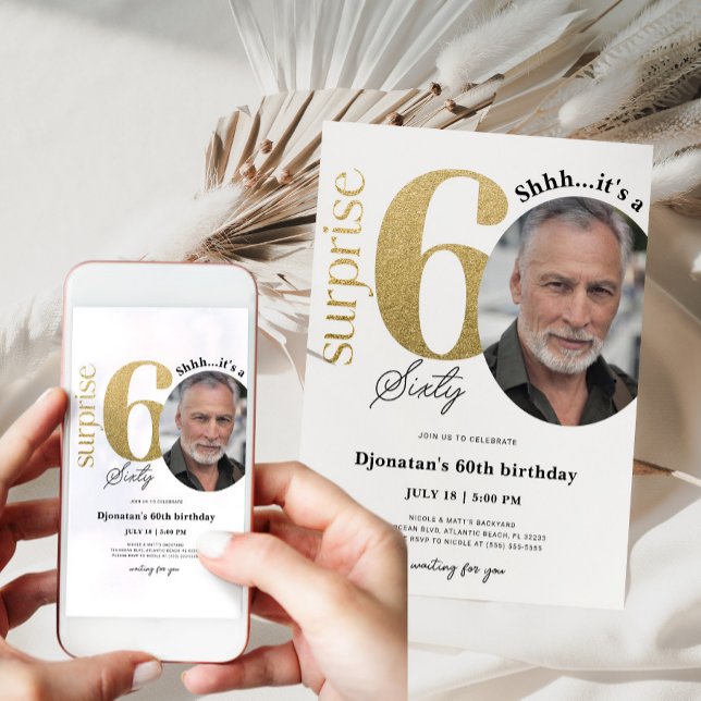 Surprise 60th Gold Birthday Invitation with Photo (Surprise 60th birthday invitation)
