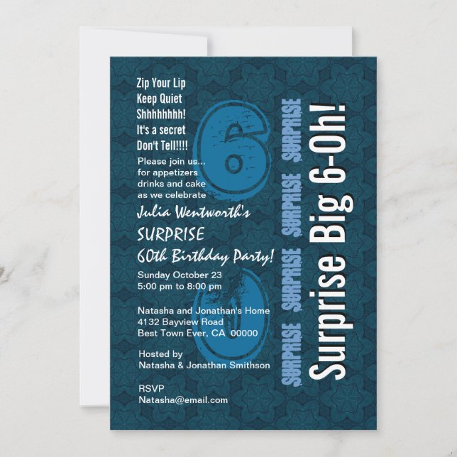 SURPRISE 60th Modern Birthday Blue Stars and White Invitation (Front)