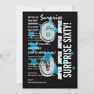 SURPRISE 60th Modern Birthday Blue Stars W1759 Invitation