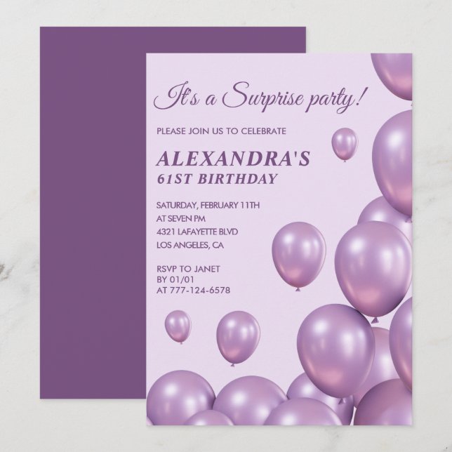 Surprise 61st birthday invitations Purple Balloons (Front/Back)