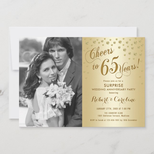 Surprise 65th Anniversary with Photo - Gold Invitation (Front)