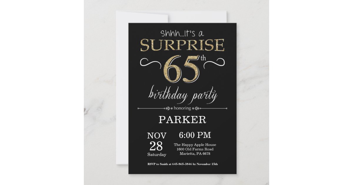 Surprise 65th Birthday Invitation Black and Gold | Zazzle