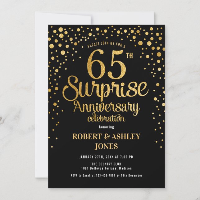 Surprise 65th Wedding Anniversary - Black & Gold Invitation (Front)