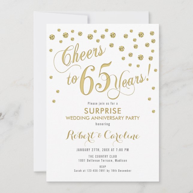 Surprise 65th Wedding Anniversary - White & Gold Invitation (Front)