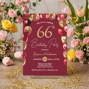 Surprise 66th Birthday Party Gold Burgundy Glitter Invitation