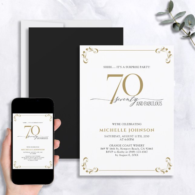 Surprise 70 & Fabulous Black & Gold Birthday Invitation (Creator Uploaded)