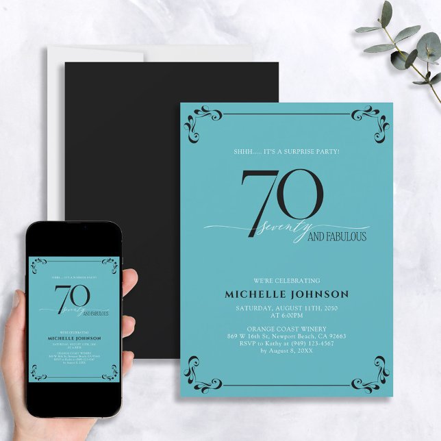 Surprise 70 & Fabulous Turquoise & Black Birthday Invitation (Creator Uploaded)