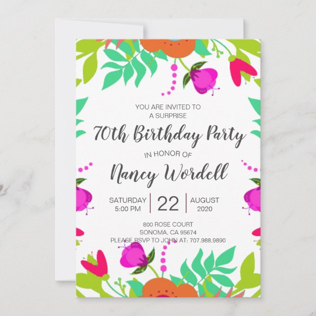 Surprise 70e anniversaire fête Floral Invitation (Devant)