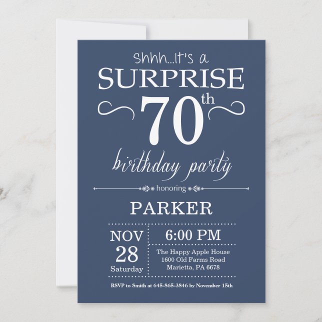 Surprise 70e anniversaire Invitation Bleu (Devant)