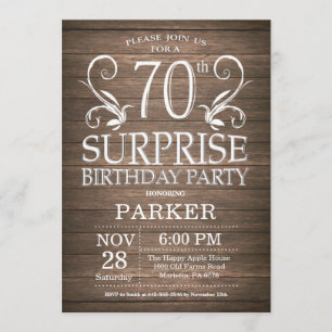 Surprise 70e anniversaire Invitation Bois rustique
