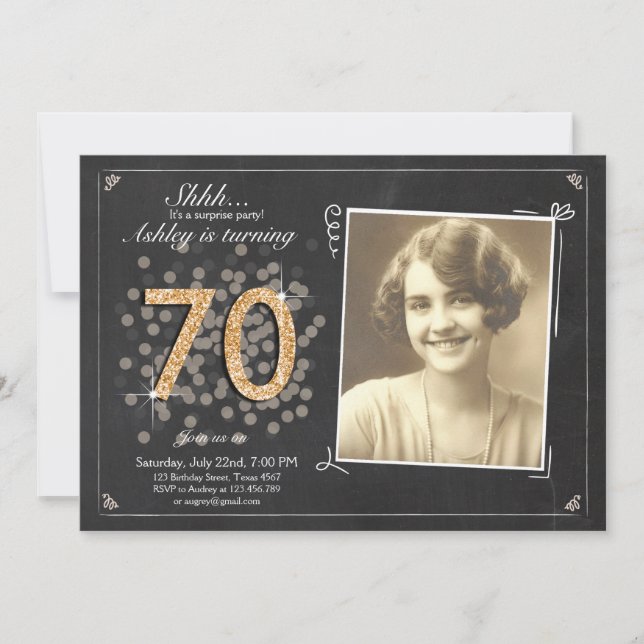 Surprise 70e anniversaire invitation Chalkboard vi (Devant)
