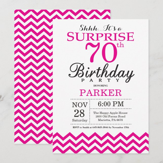 Surprise 70e anniversaire Invitation Hot Pink Chev (Devant / Derrière)