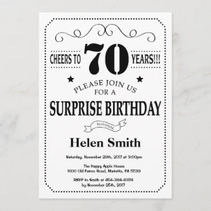 Surprise 70e anniversaire Invitation noir et blanc