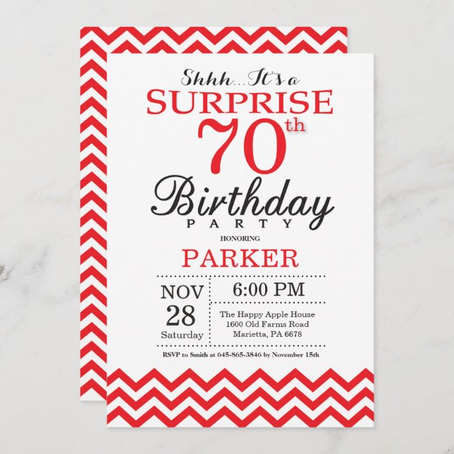 Surprise 70e anniversaire Invitation Red Chevron (Devant / Derrière)