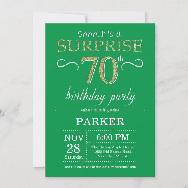 Surprise 70e anniversaire Invitation Vert et Or (Devant)