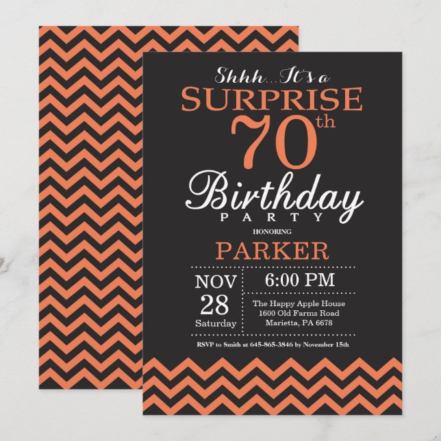 Surprise 70th Birthday Black and Coral Chevron Invitation (Front/Back)