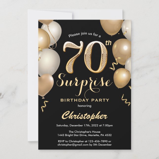 Surprise 70th Birthday Black and Gold Balloons Invitation (Front)