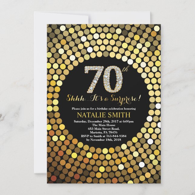 Surprise 70th Birthday Black and Gold Glitter Invitation (Front)