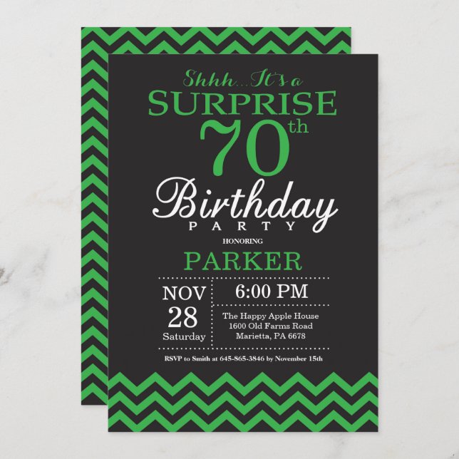 Surprise 70th Birthday Black and Green Chevron Invitation (Front/Back)
