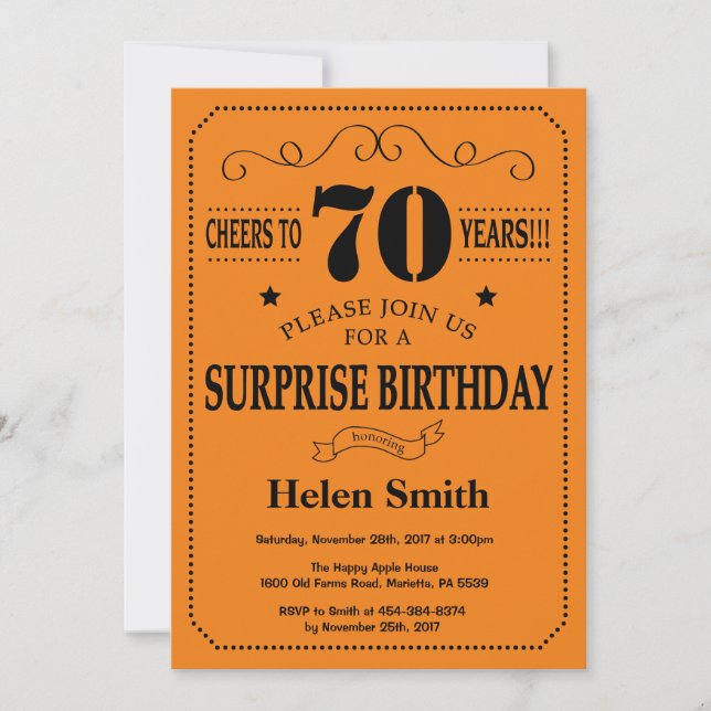 Surprise 70th Birthday Black and Orange Invitation (Front)