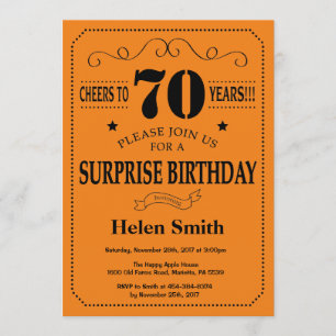 Surprise 70th Birthday Black and Orange Invitation