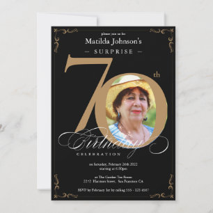 Surprise 70th Birthday Black Gold Elegant Photo Invitation