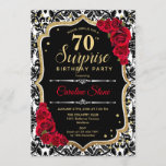 Surprise 70th Birthday - Black Gold Red Invitation<br><div class="desc">Surprise 70th Birthday Invitation.
Feminine black,  red design with faux glitter gold. Features damask pattern,  red roses,  script font and confetti. Perfect for an elegant birthday party. Can be personalized to show any age. Message me if you need further customization.</div>