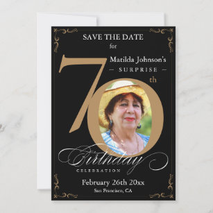 Surprise 70th Birthday Black Gold Save The Date Invitation
