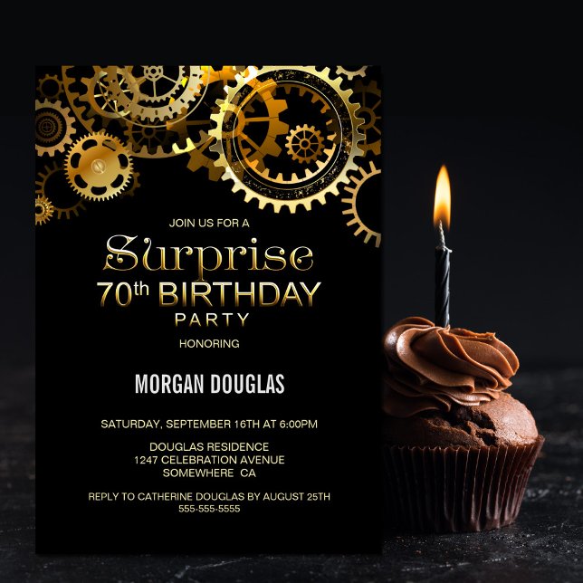 Surprise 70th Birthday Black Gold Steampunk Invitation (Creator Uploaded)