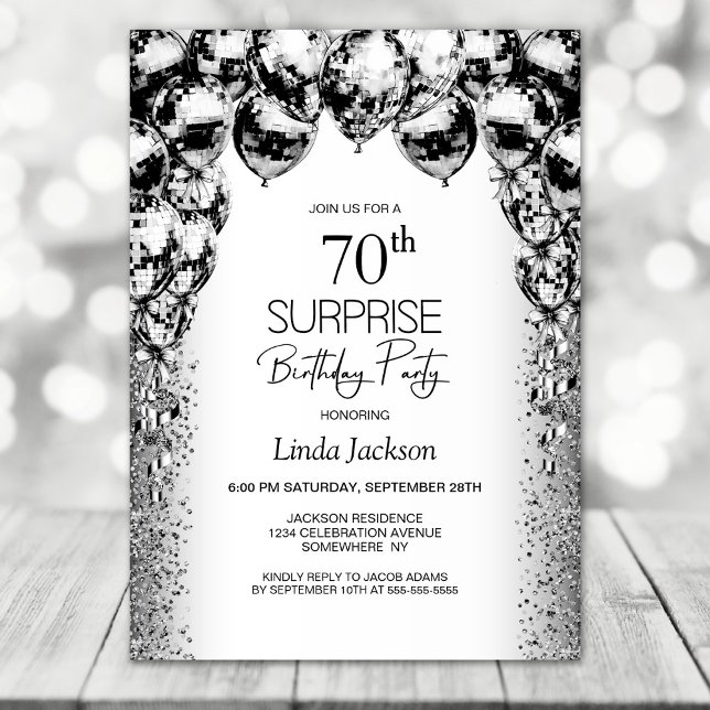 Surprise 70th Birthday Black White Balloons Party Invitation (Creator Uploaded)