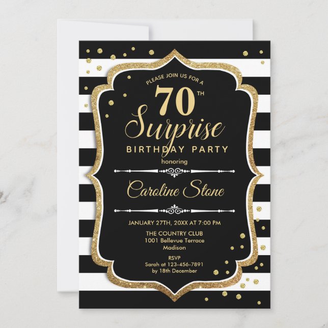Surprise 70th Birthday - Black White Gold Invitation (Front)