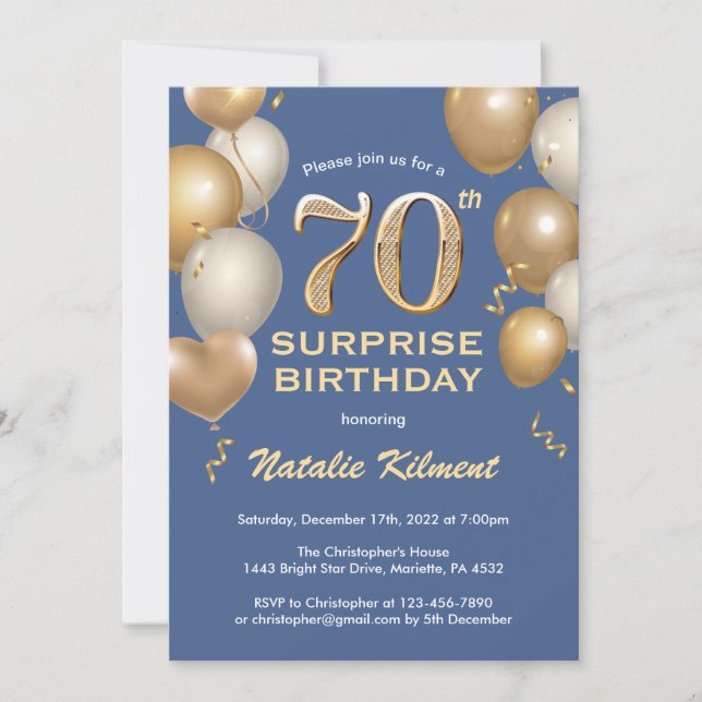Surprise 70th Birthday Blue and Gold Balloons Invitation (Front)