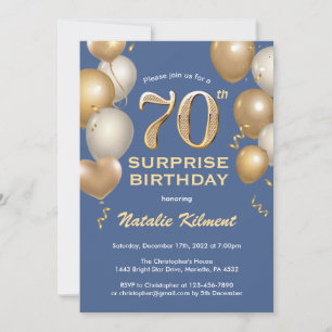 Surprise 70th Birthday Blue and Gold Balloons Invitation