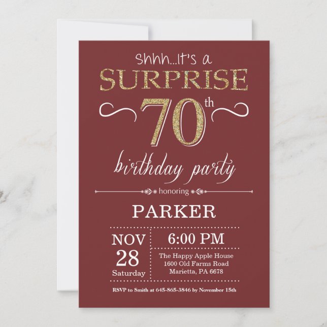 Surprise 70th Birthday Burgundy and Gold Glitter Invitation (Front)