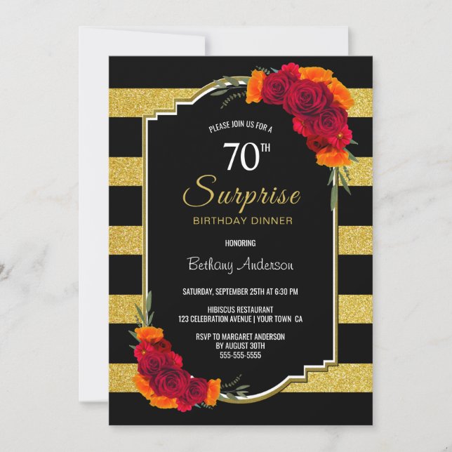 Surprise 70th Birthday Dinner Black Gold Striped Invitation (Front)
